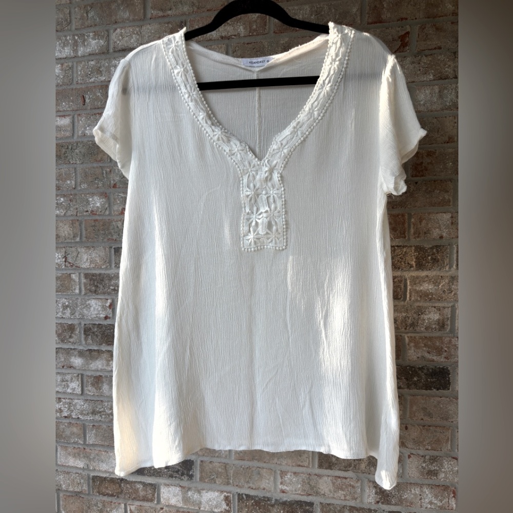 KOANDAILY White linen and knit V-Neck Women's Top